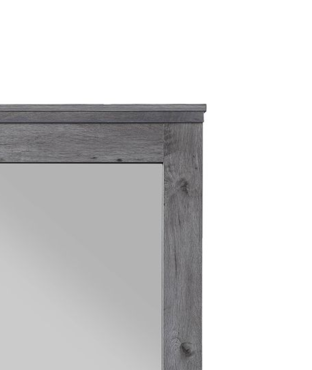 Distressed grey wood framed mirror with a clear reflection