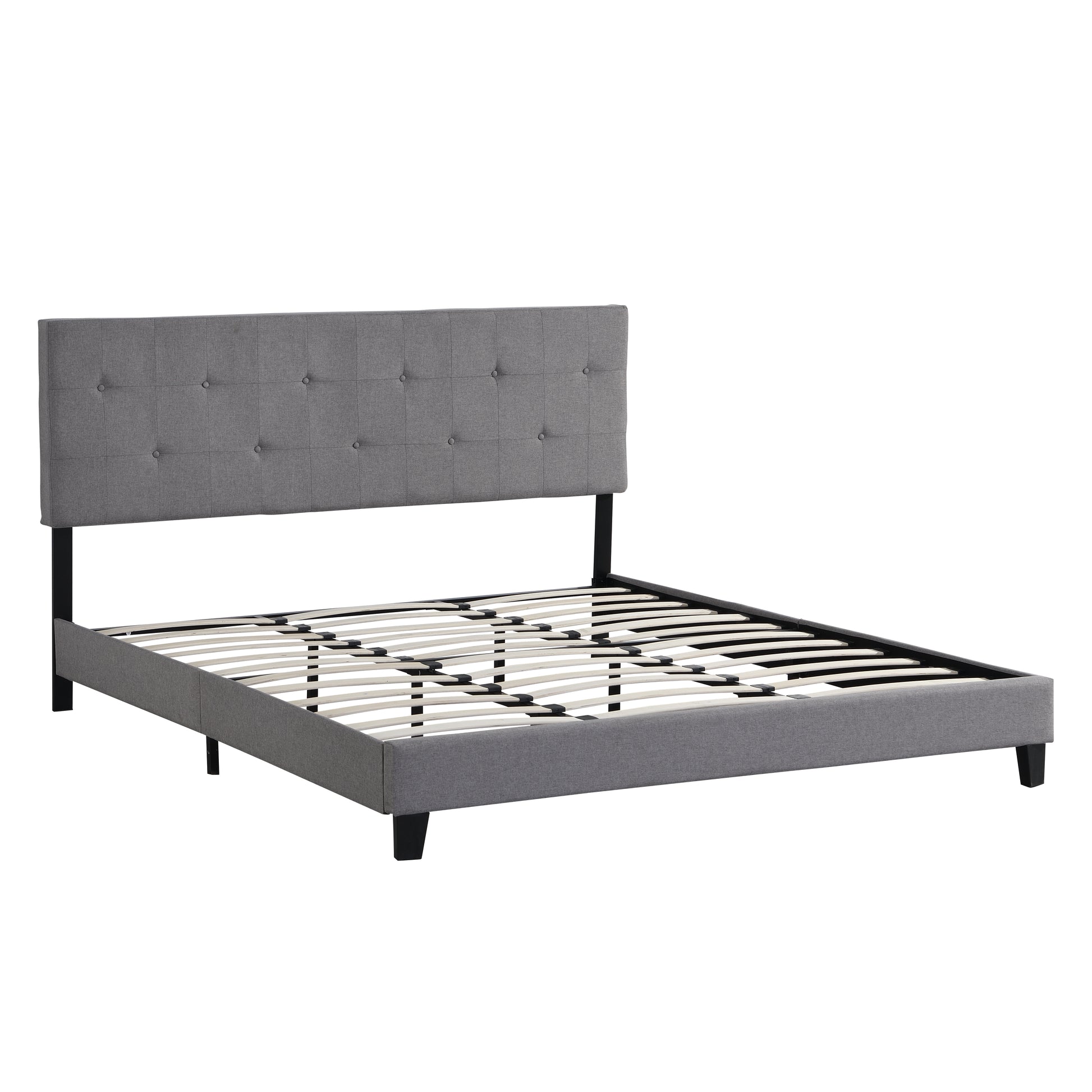 Tufted grey fabric bed frame with a buttontufted headboard and slatted wooden platform support for a mattress