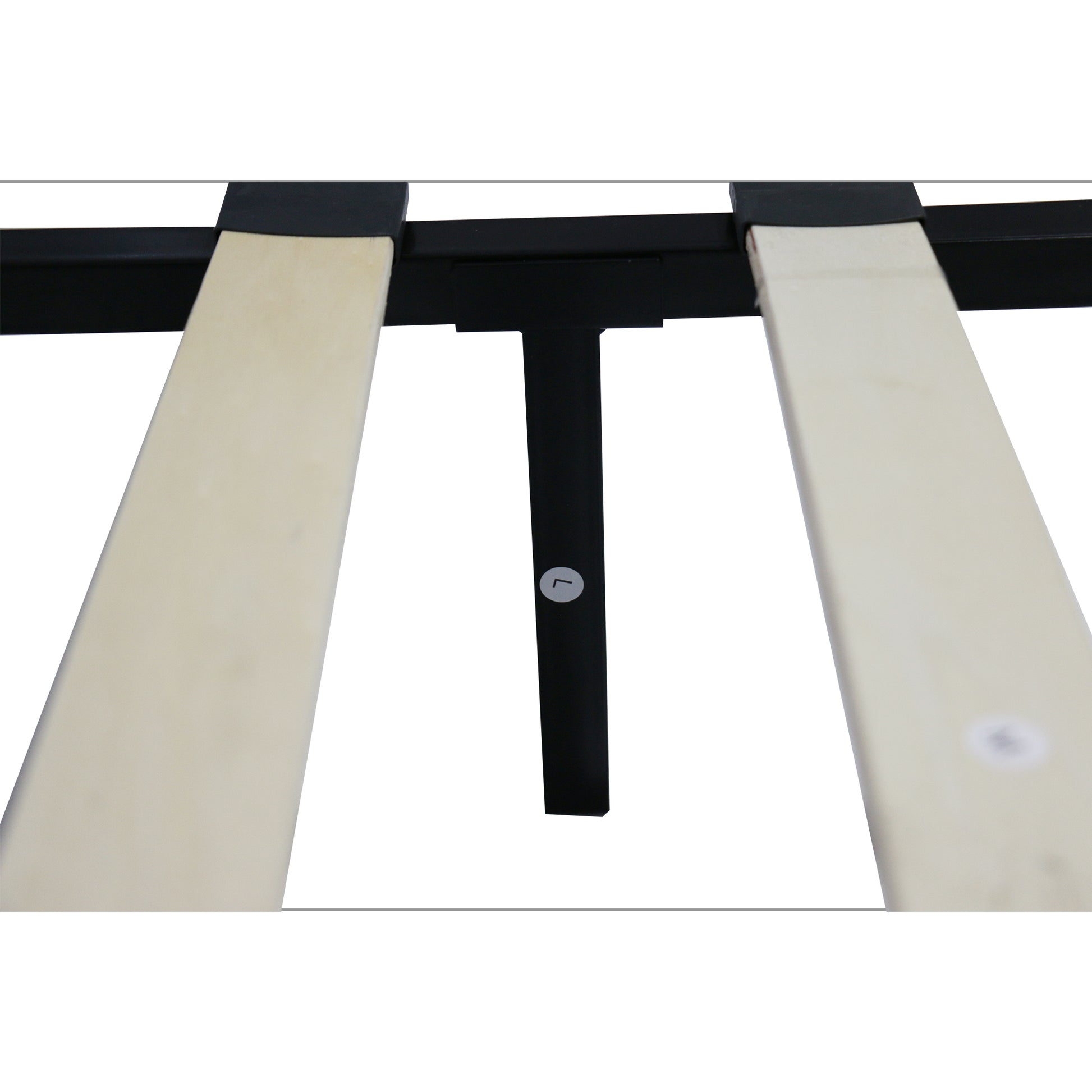 Black metal bed frame with wooden slats