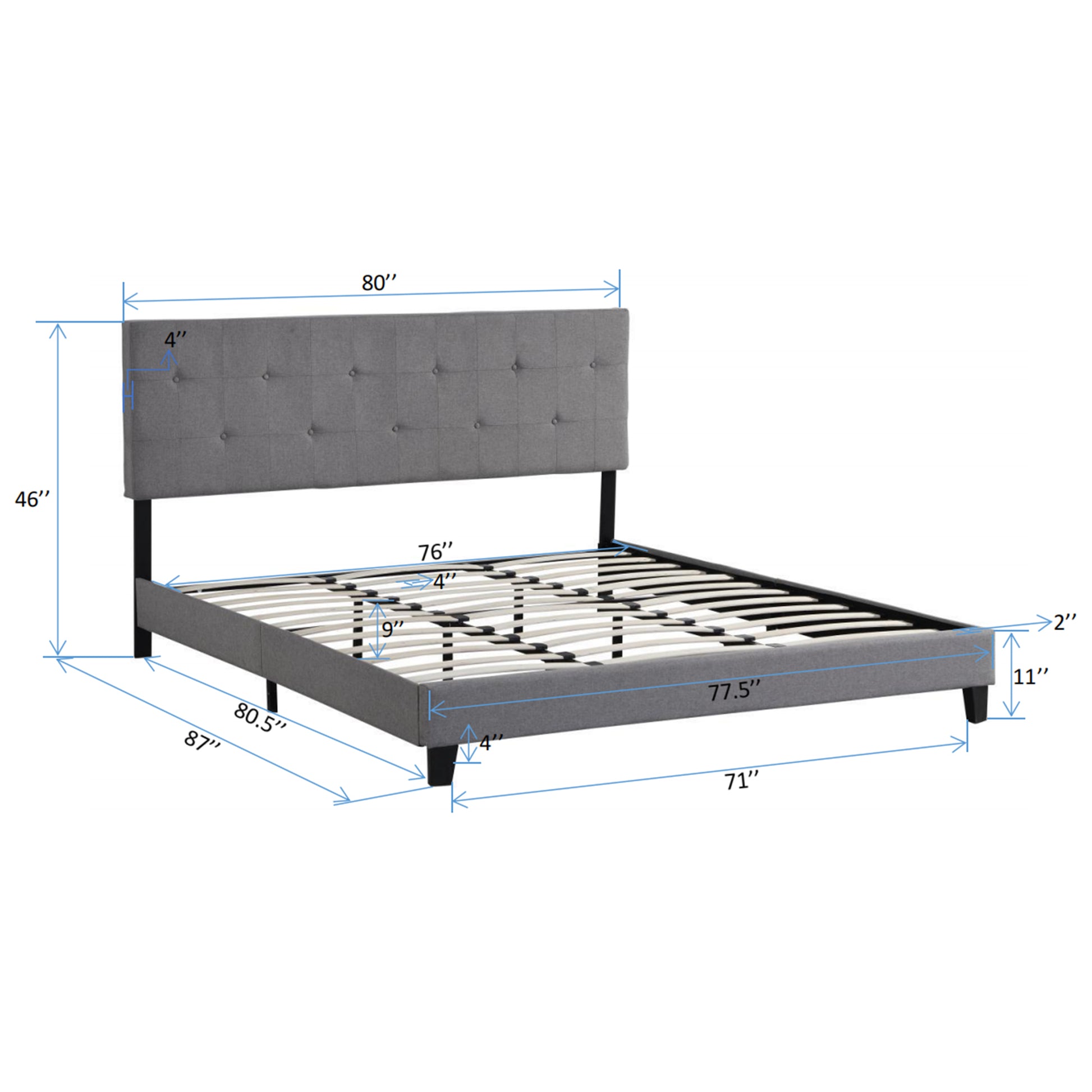 Gray fabric upholstered queen bed frame with tufted headboard and wooden slats