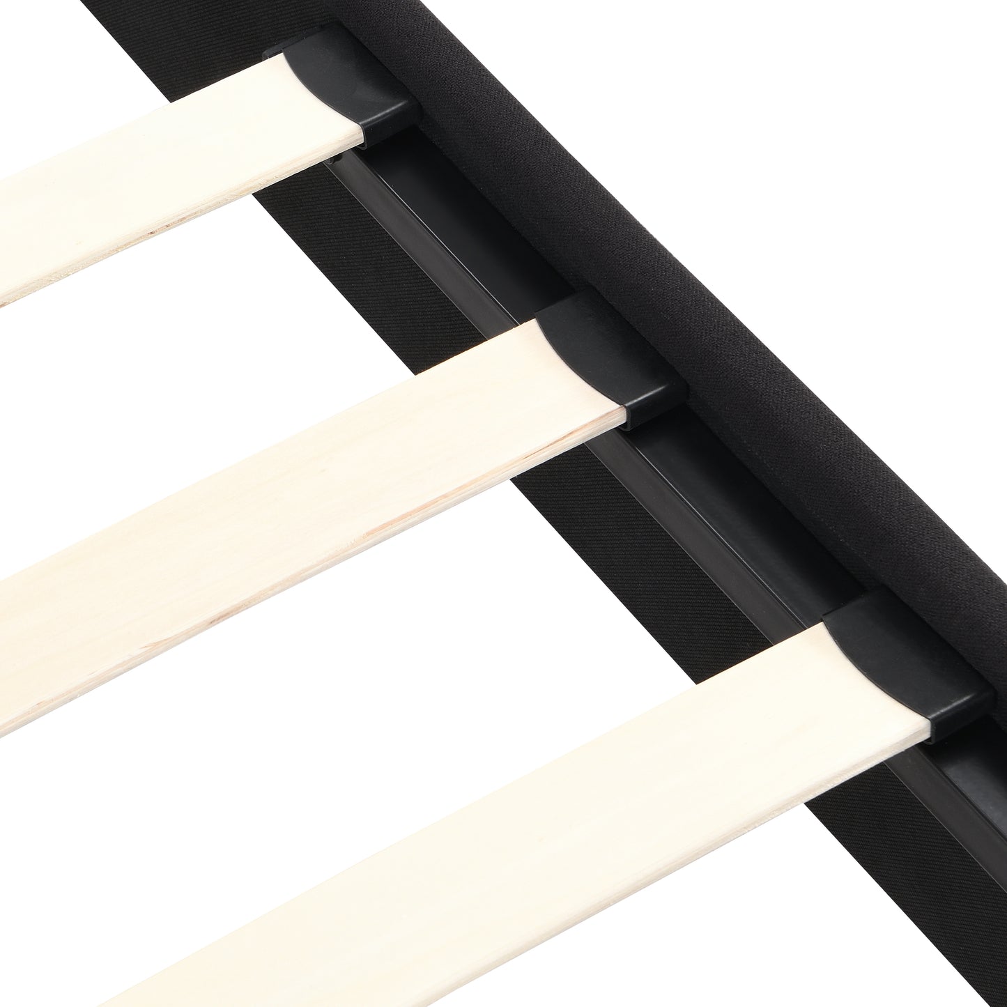 Closeup of black upholstered bed frame with natural wood slats for mattress support