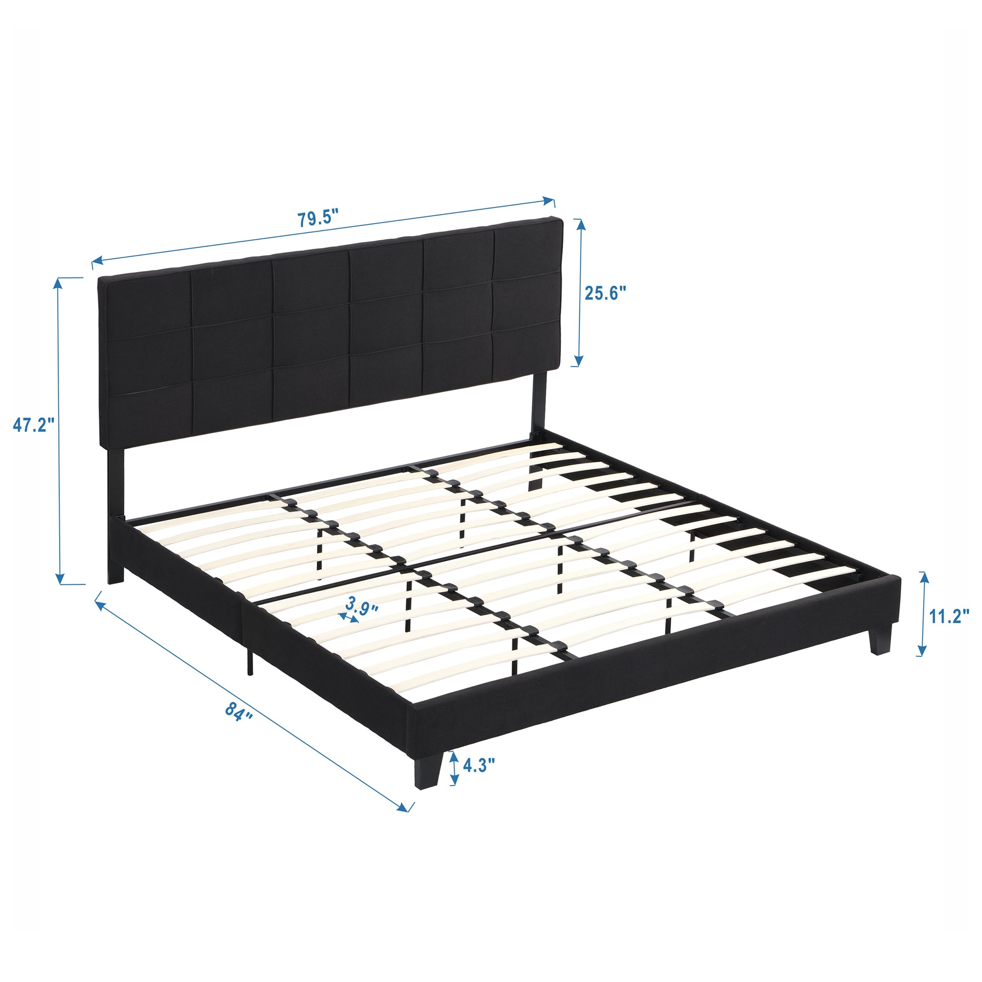 Black upholstered queen bed frame with tufted headboard and wood slats