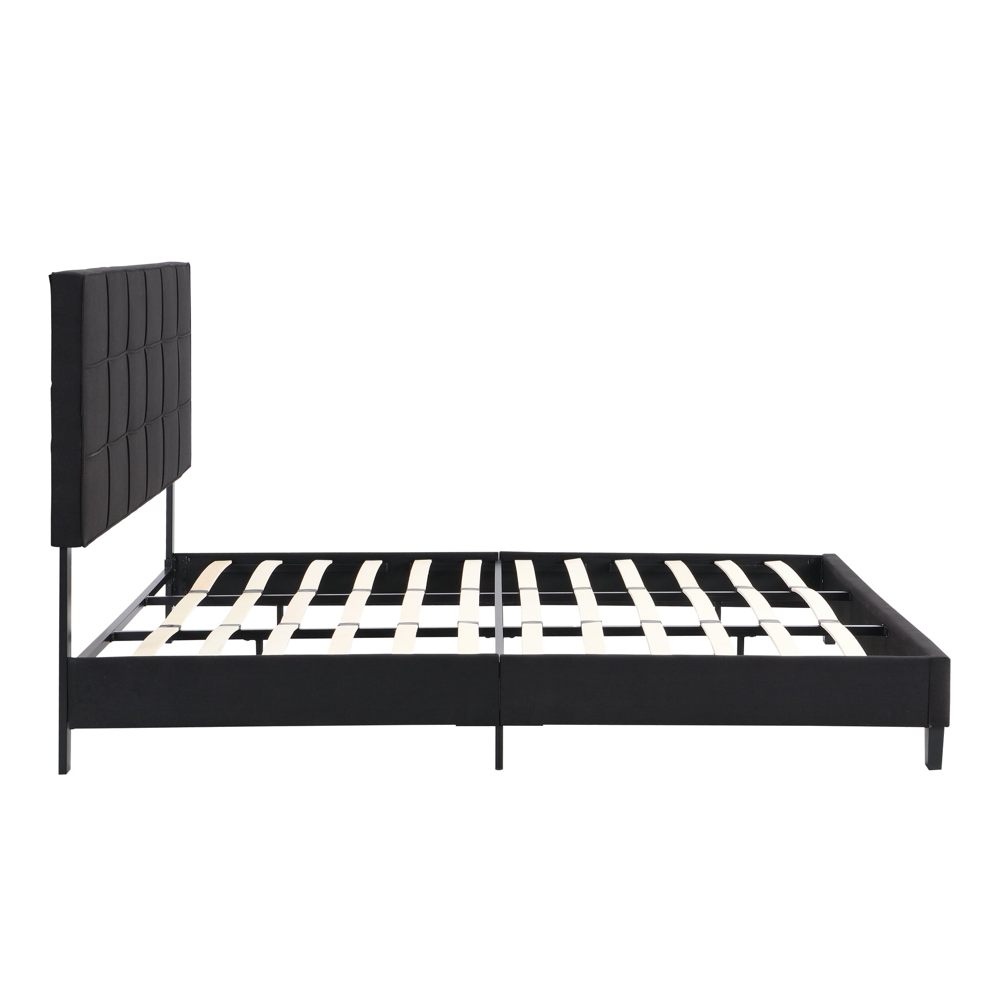 Black upholstered bed frame with a tufted headboard and wooden slats