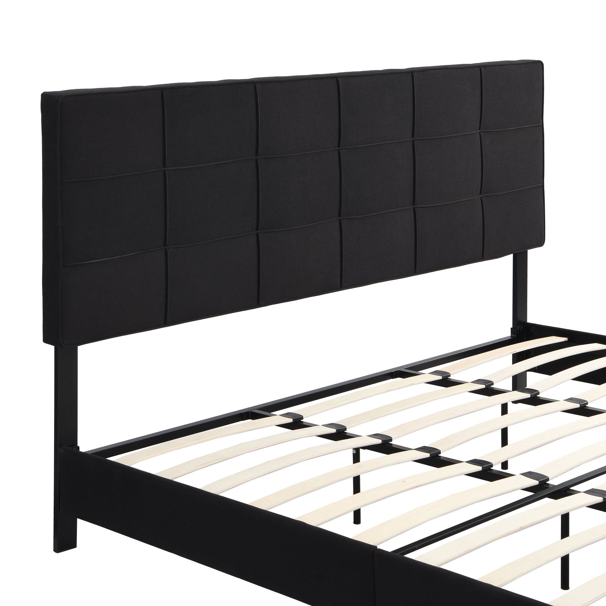 Black upholstered headboard bed frame with slat support