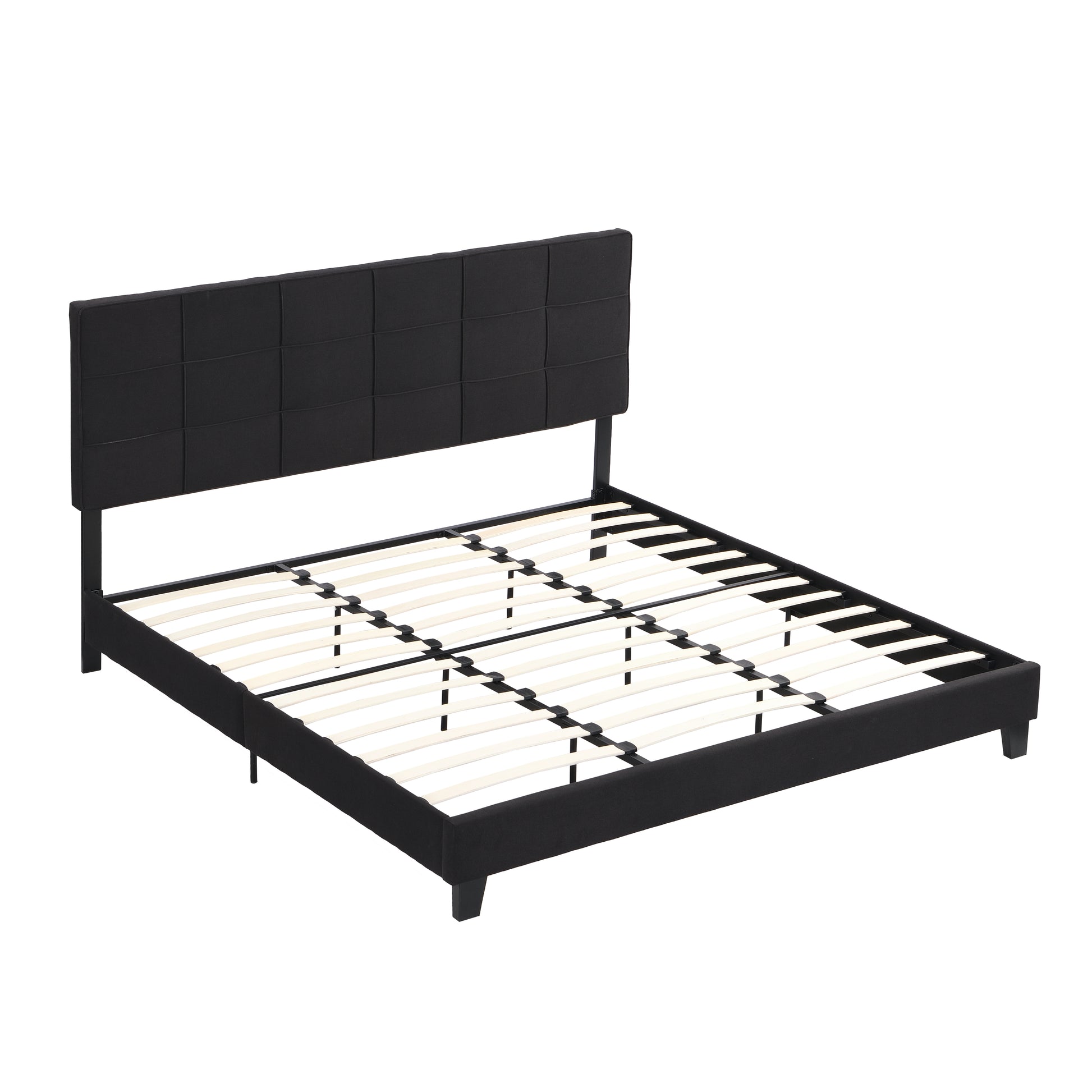 Black upholstered platform bed frame with squarestitched headboard and wooden slats