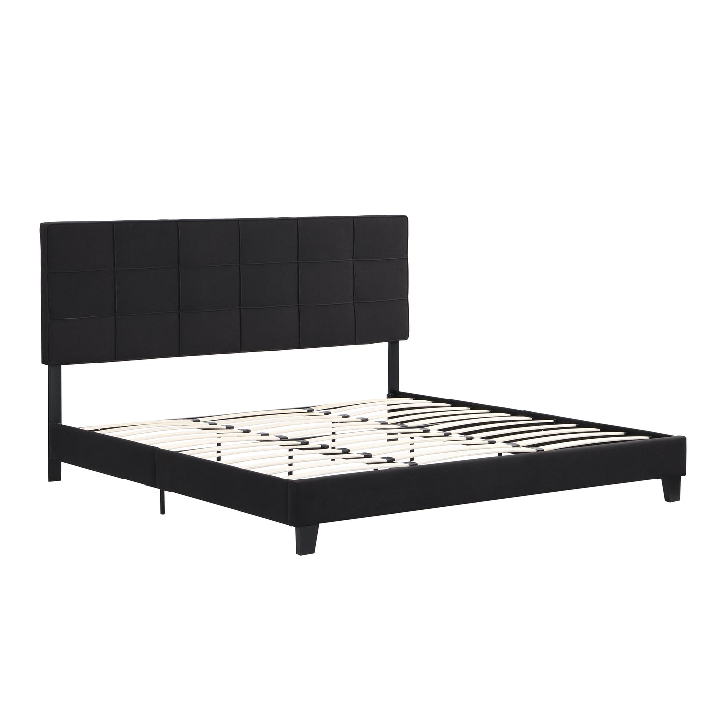 Black upholstered platform bed frame with a tufted headboard and wooden slats