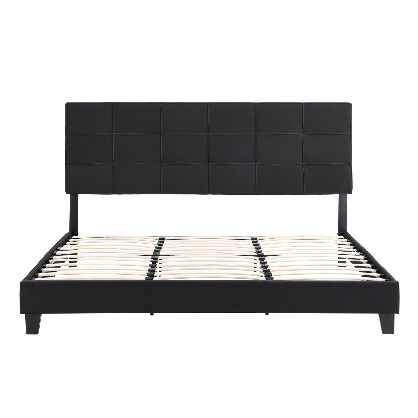 Black fabric bed frame with tufted headboard and wooden slat support system
