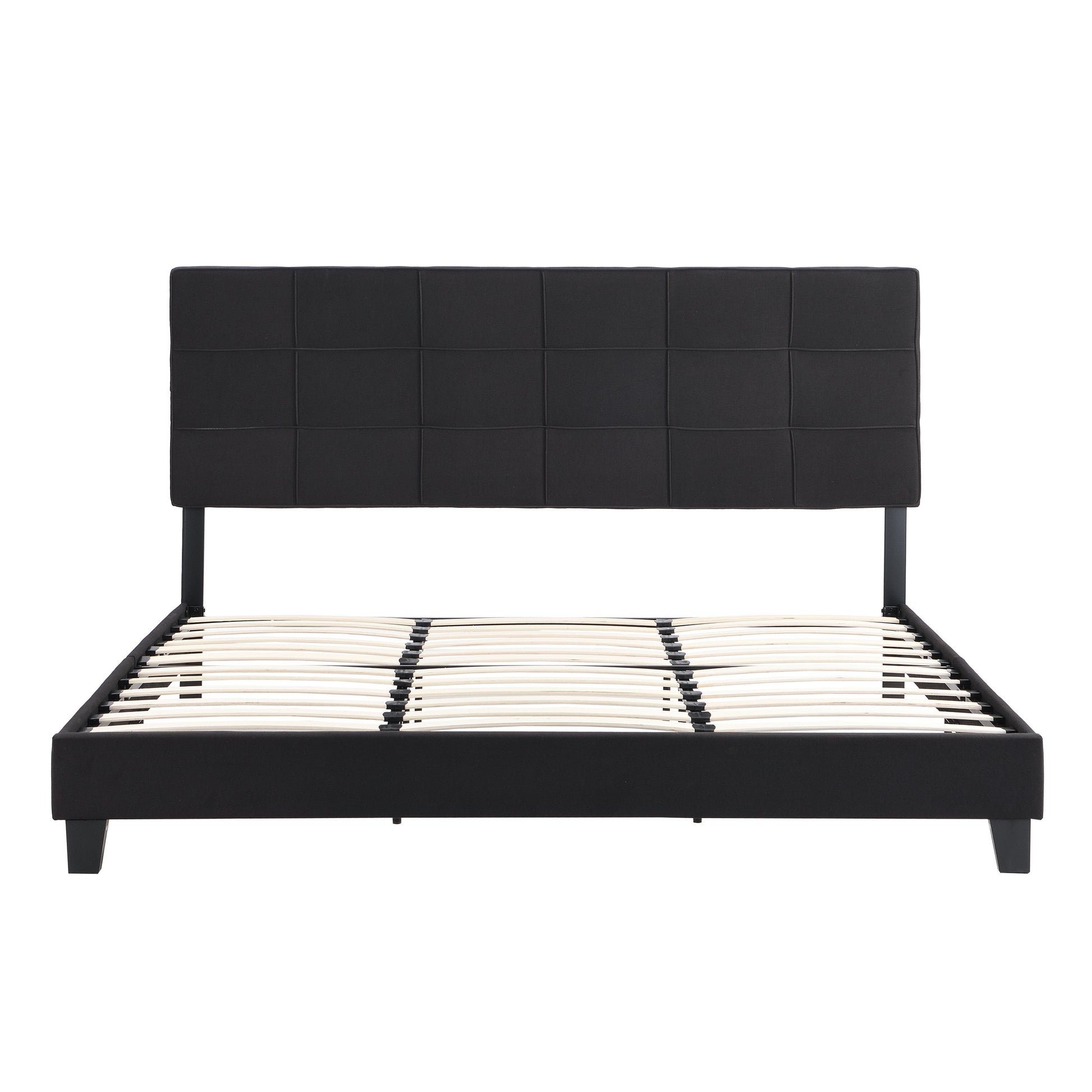 Black fabric bed frame with tufted headboard and wooden slat support system