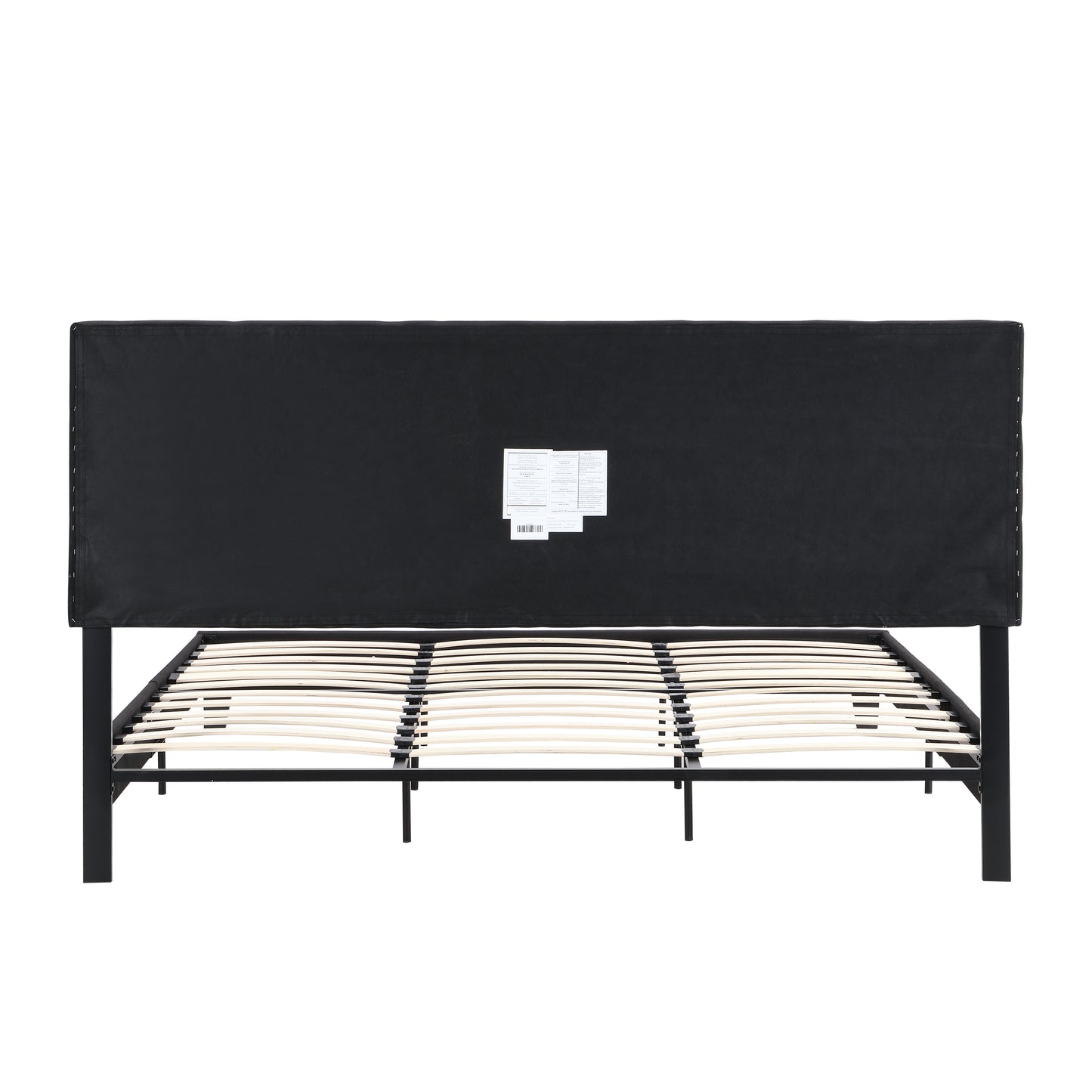 Black upholstered bed frame with wooden slats