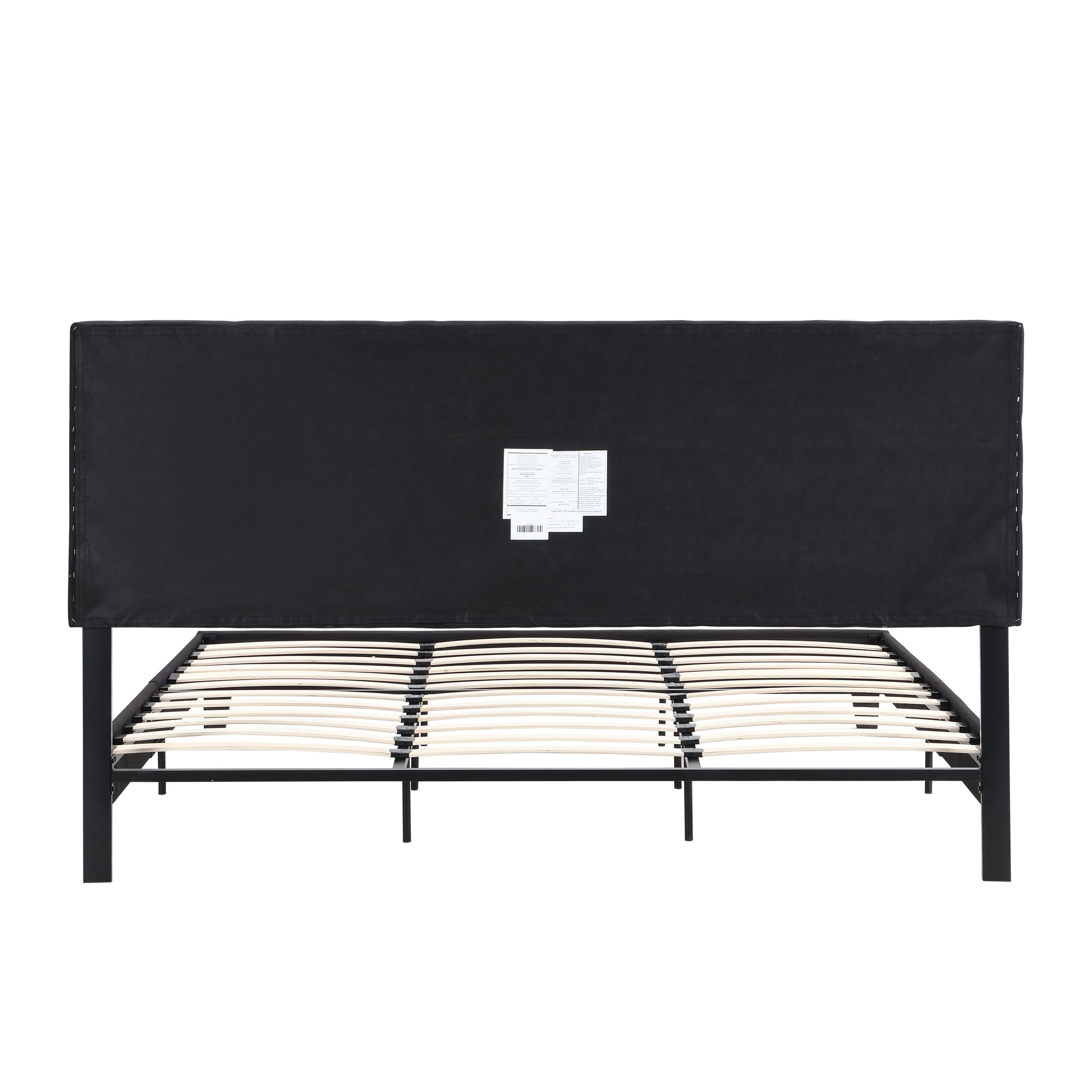 Black upholstered bed frame with wooden slats