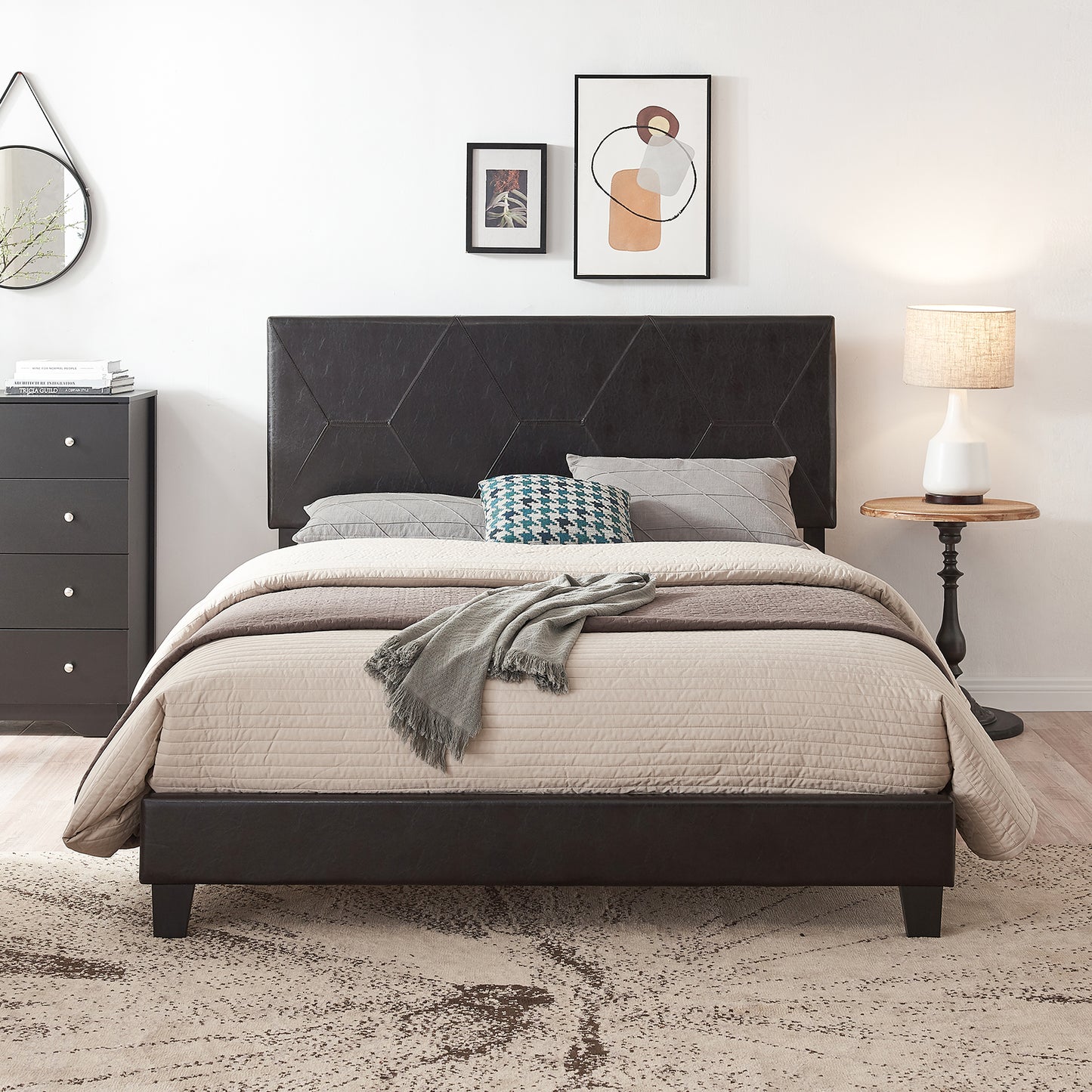 Dark brown faux leather platform bed with geometric headboard