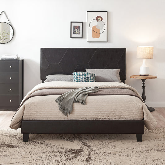 Dark brown faux leather platform bed with geometric headboard
