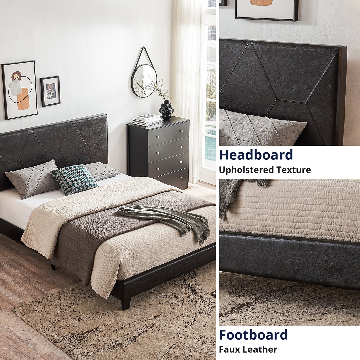 Dark faux leather bed frame with upholstered headboard