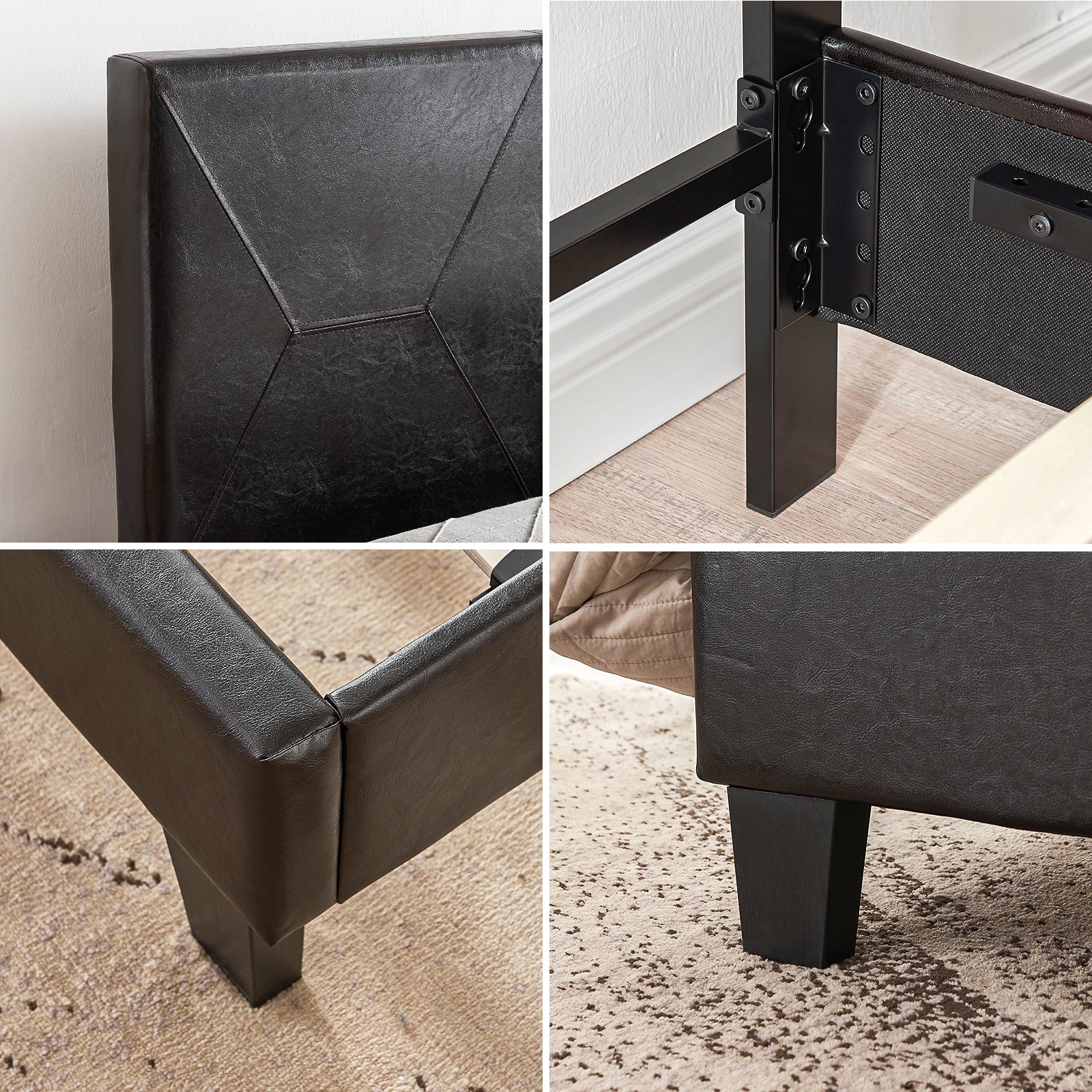 Dark brown faux leather bed frame with geometric stitching on headboard