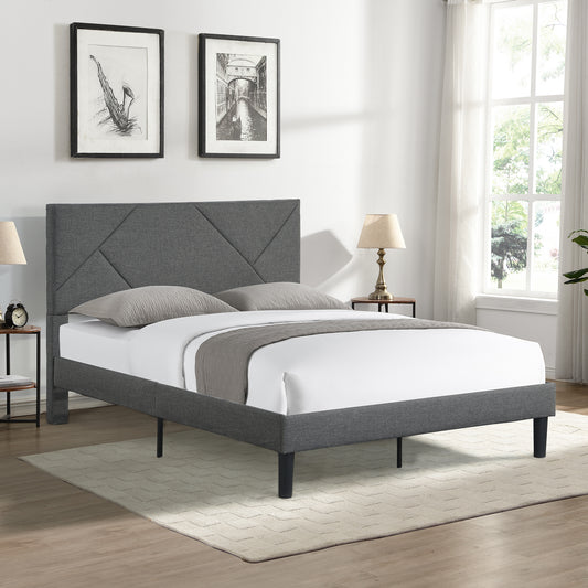 Grey upholstered bed frame with geometric headboard