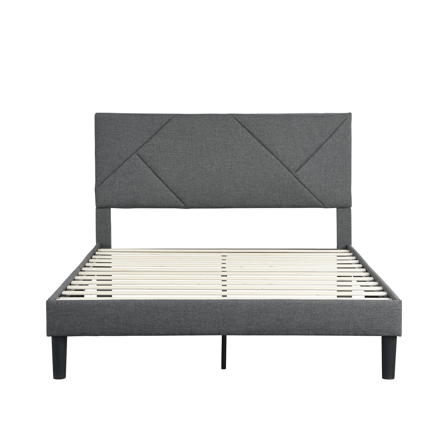 Gray upholstered bed frame with geometric headboard and wooden slats