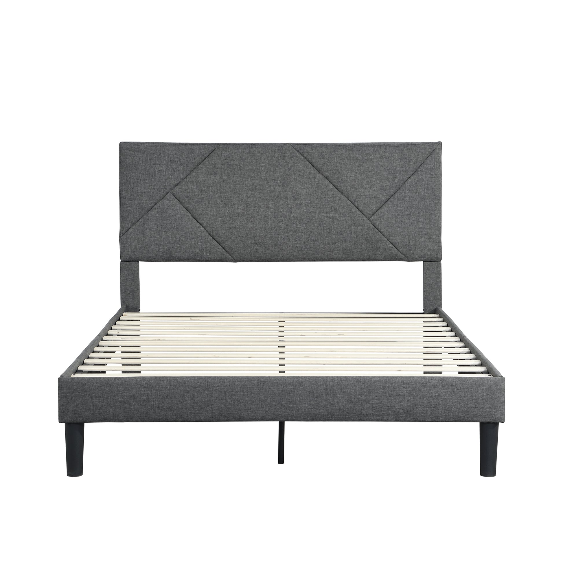 Gray upholstered bed frame with geometric headboard and wooden slats