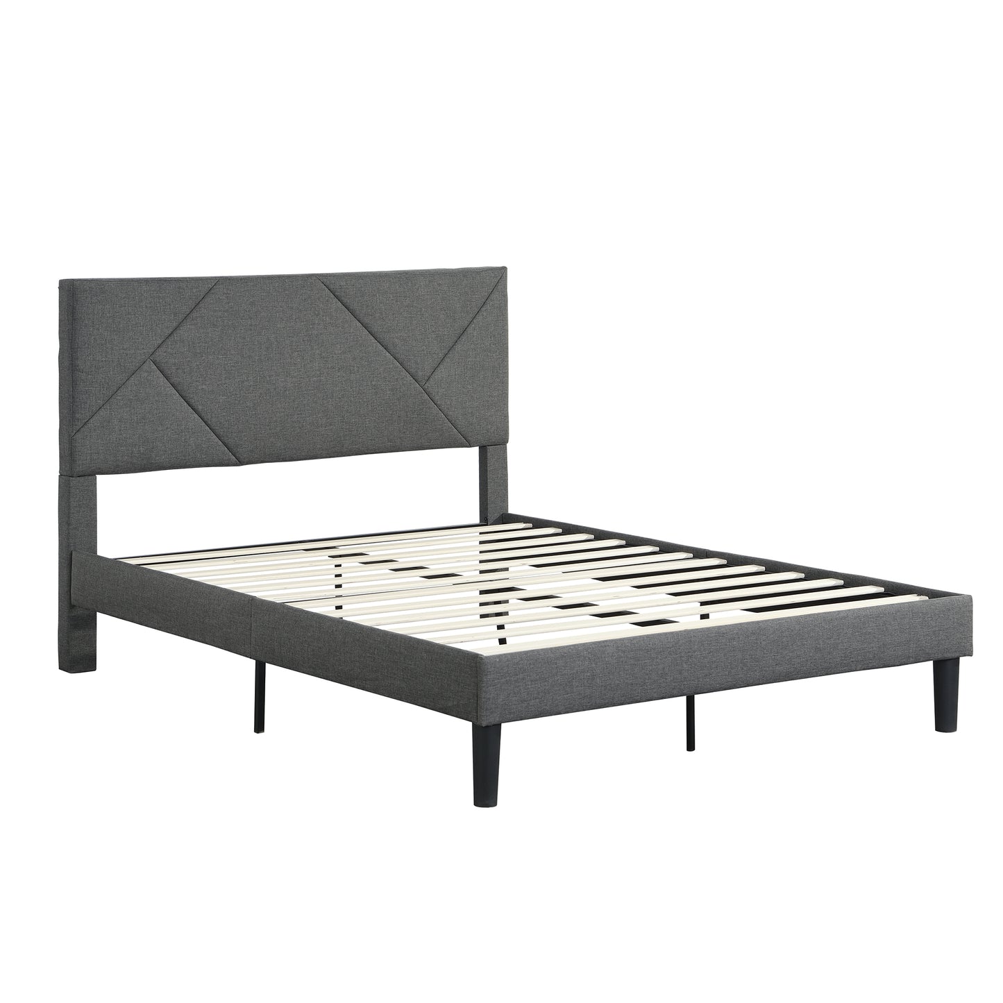 Grey upholstered queen bed frame with modern geometric headboard and wooden slats