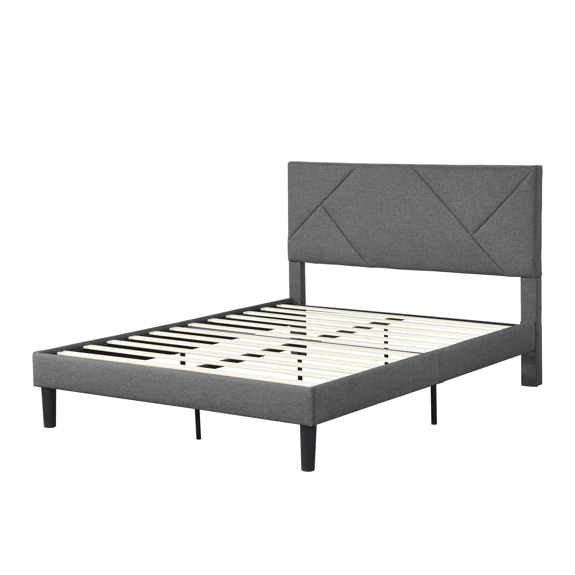Gray upholstered twin bed frame with geometric headboard and wooden slats