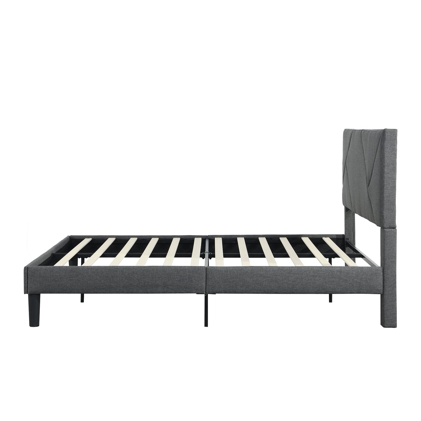 Dark grey fabric platform bed frame with upholstered headboard and wooden slats