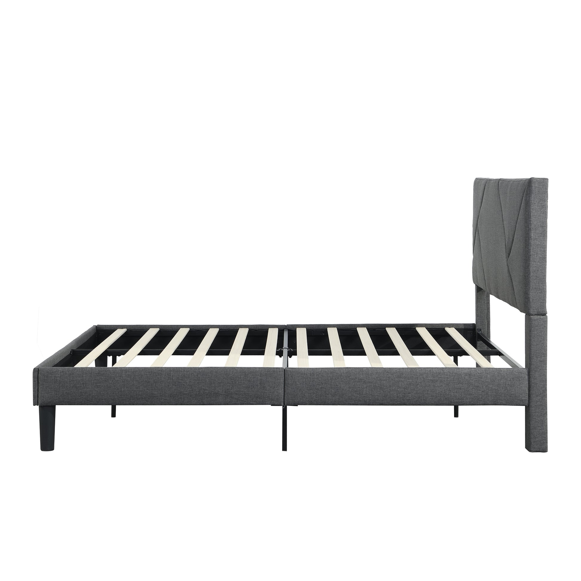 Dark grey fabric platform bed frame with upholstered headboard and wooden slats