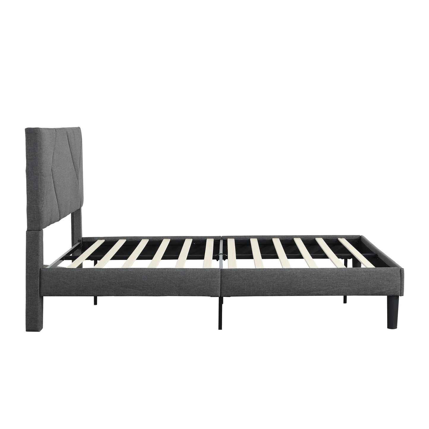 Gray upholstered bed frame with diamondstitched headboard and wooden slats