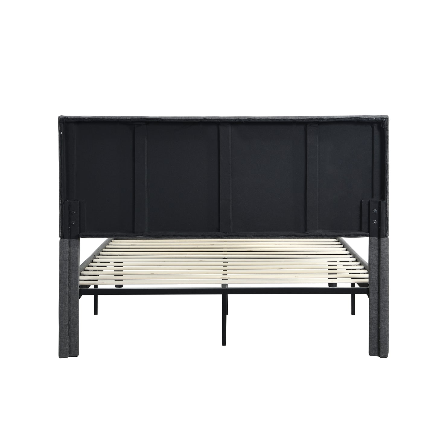 Dark gray upholstered queen bed frame with slatted base