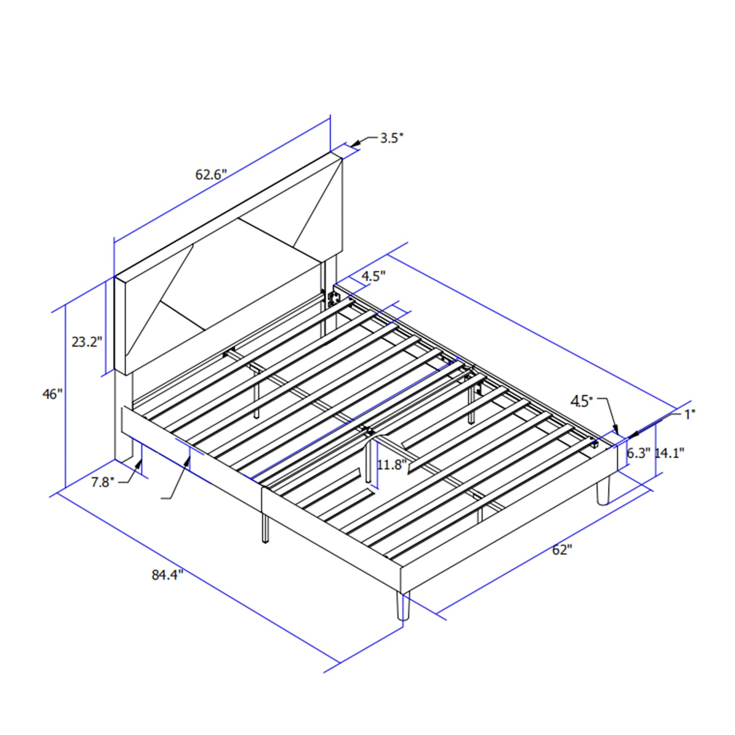 Diagram of a modern platform bed frame with dimensions