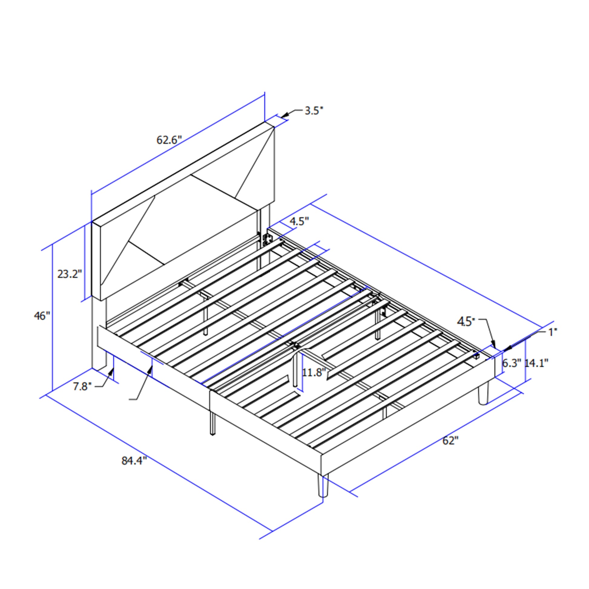 Diagram of a modern platform bed frame with dimensions