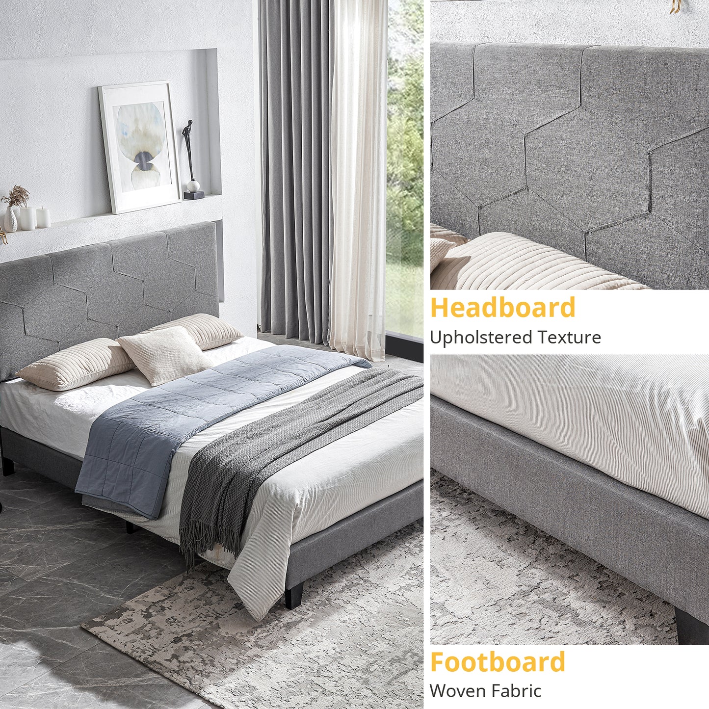 Grey upholstered bed frame with hexagonal pattern headboard