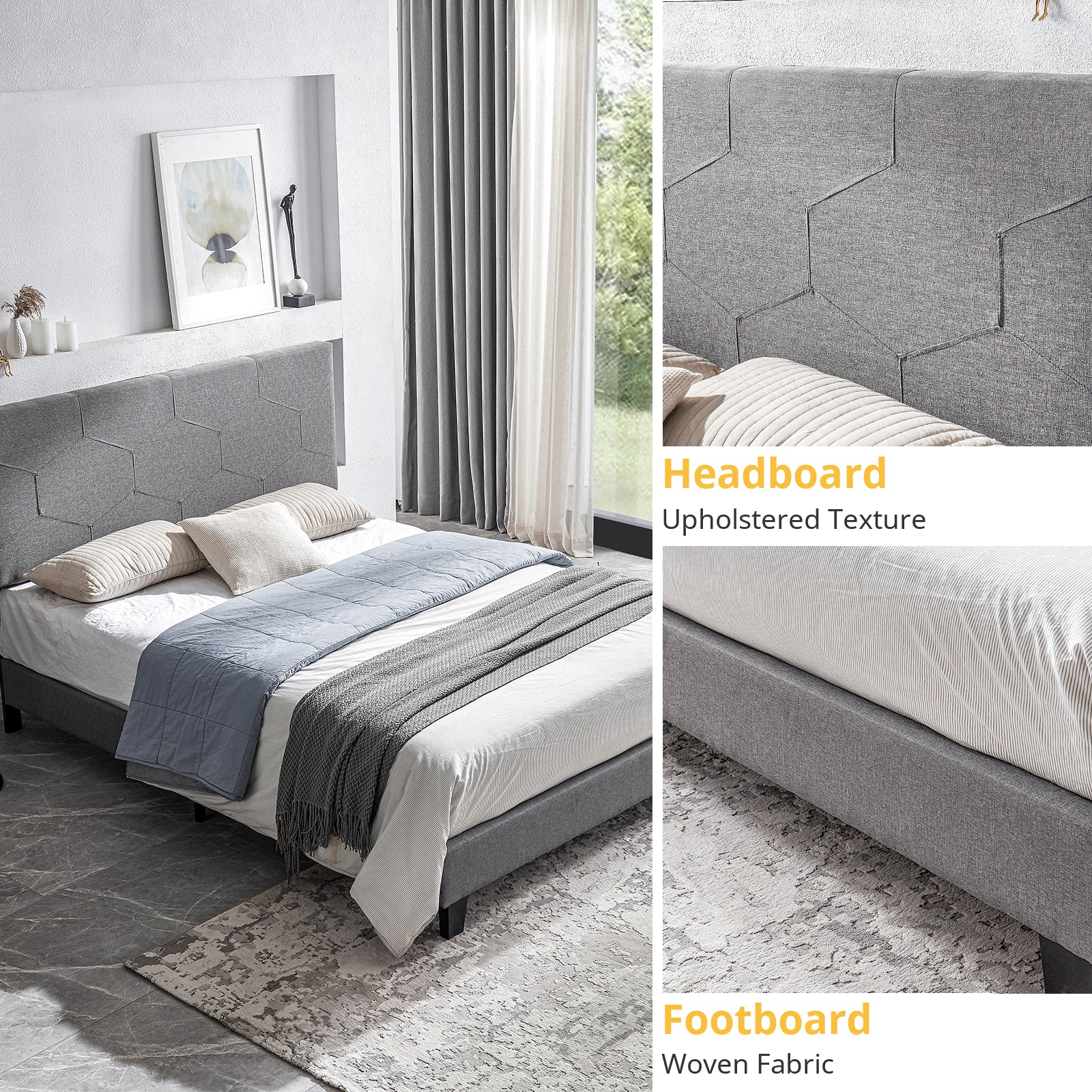 Grey upholstered bed frame with hexagonal pattern headboard