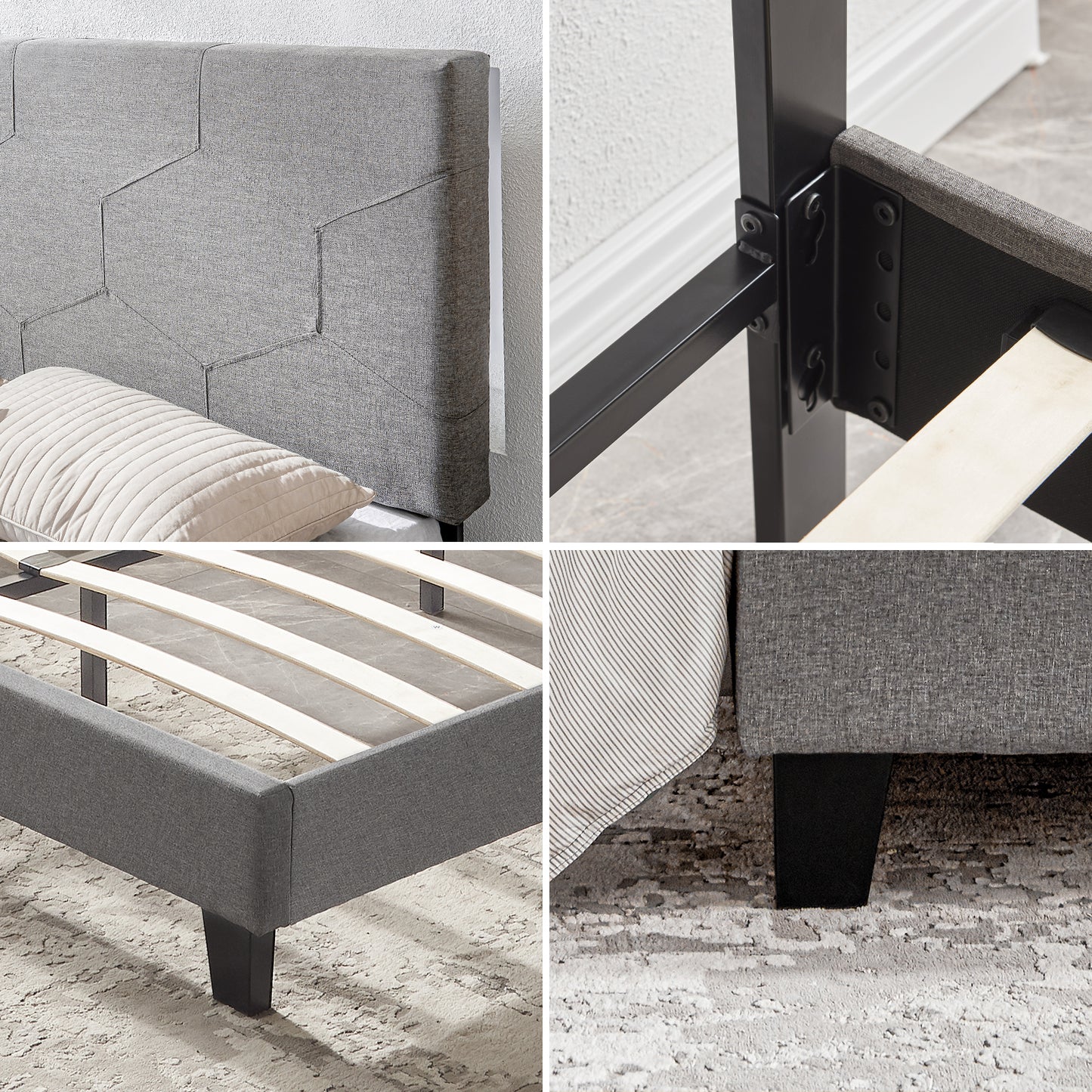 Grey fabric headboard with geometric stitching detail for a modern bed