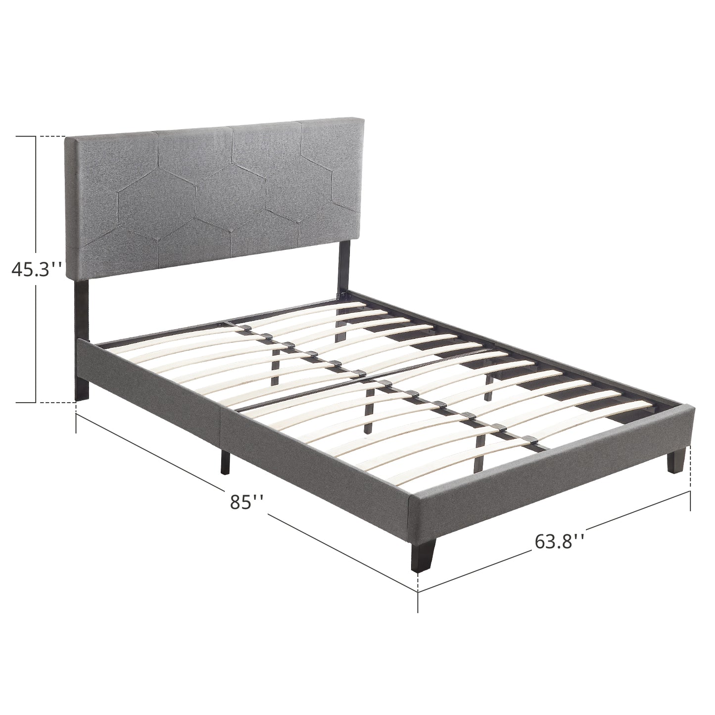 Gray upholstered platform bed frame with hexagonal headboard detail and wood slats