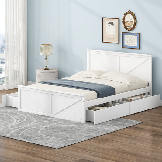 TREATLIFE HOME Wooden Bed Frame with Four Storage Drawers, Support Legs, and Headboard, Standard Size, White