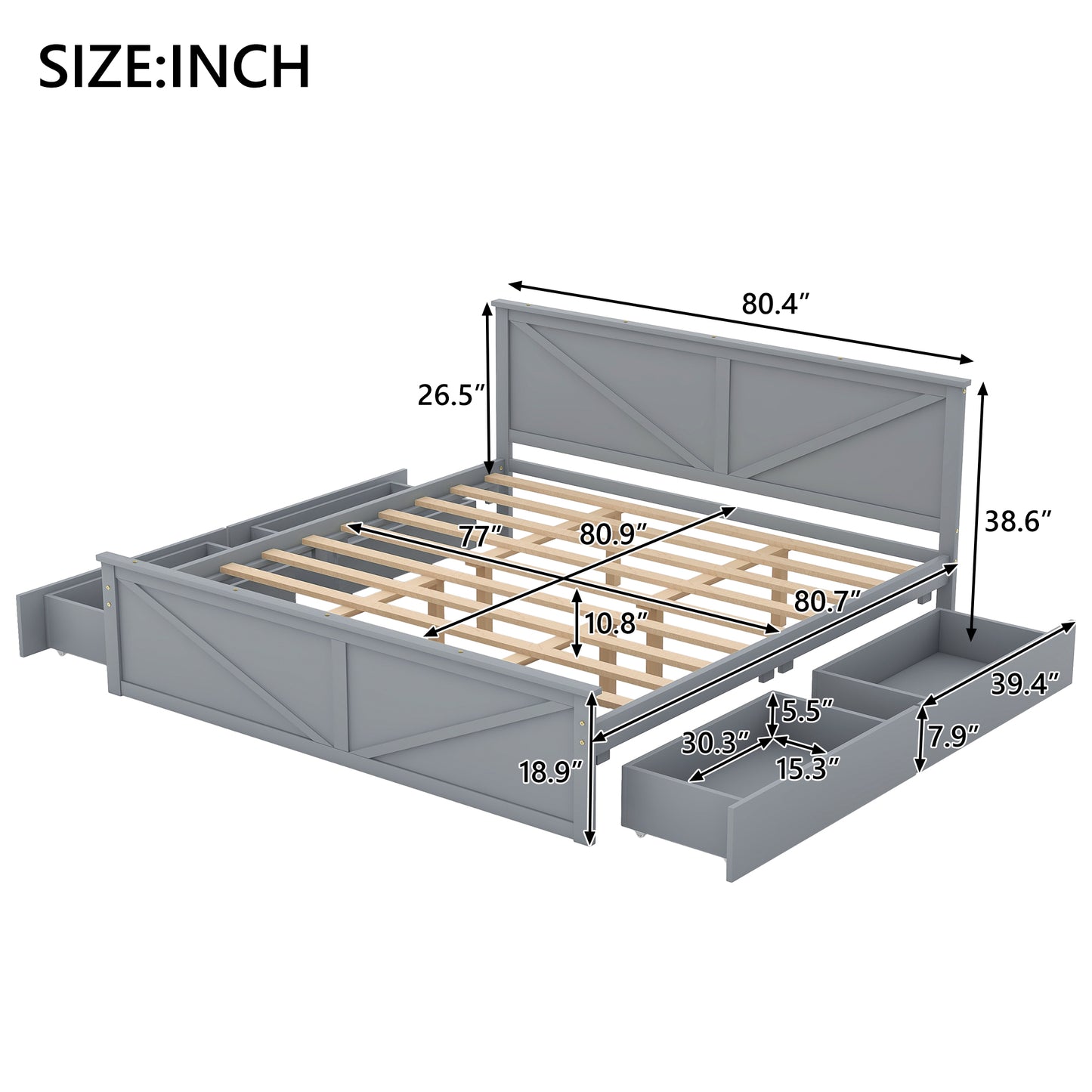 Gray wooden platform bed frame with storage drawers and detailed dimensions