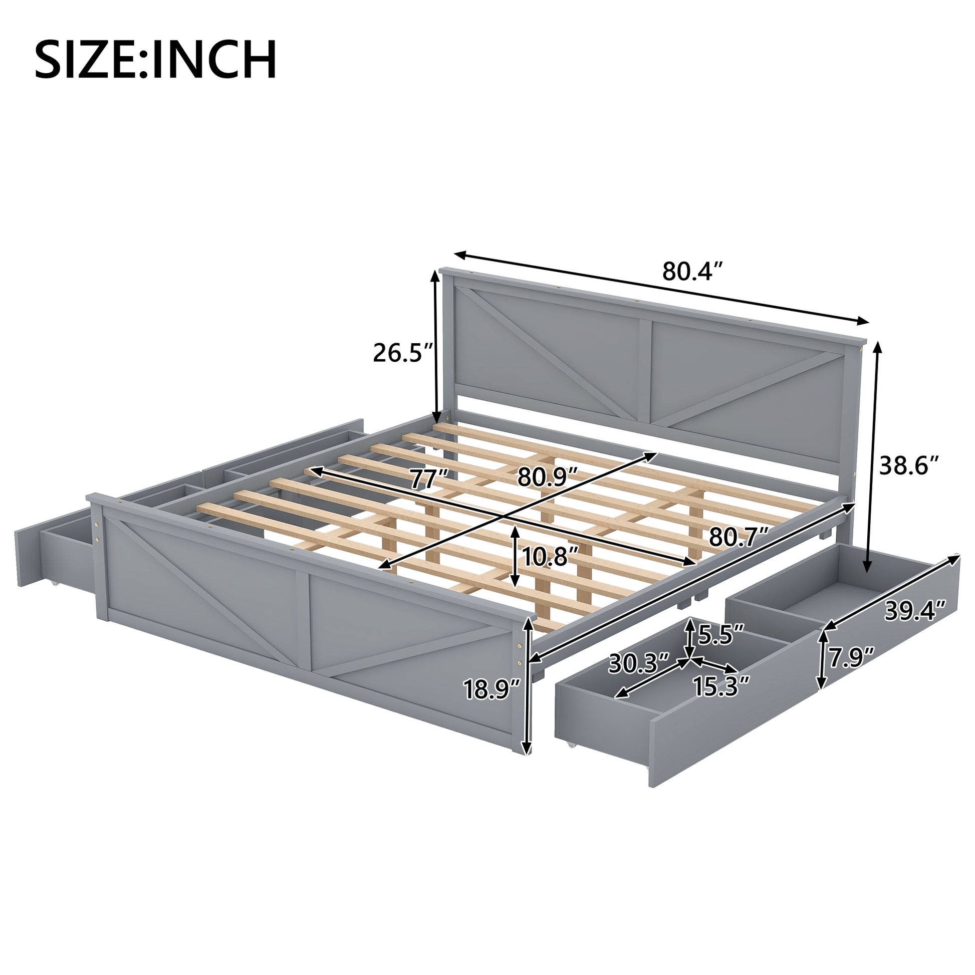 Gray wooden platform bed frame with storage drawers and detailed dimensions