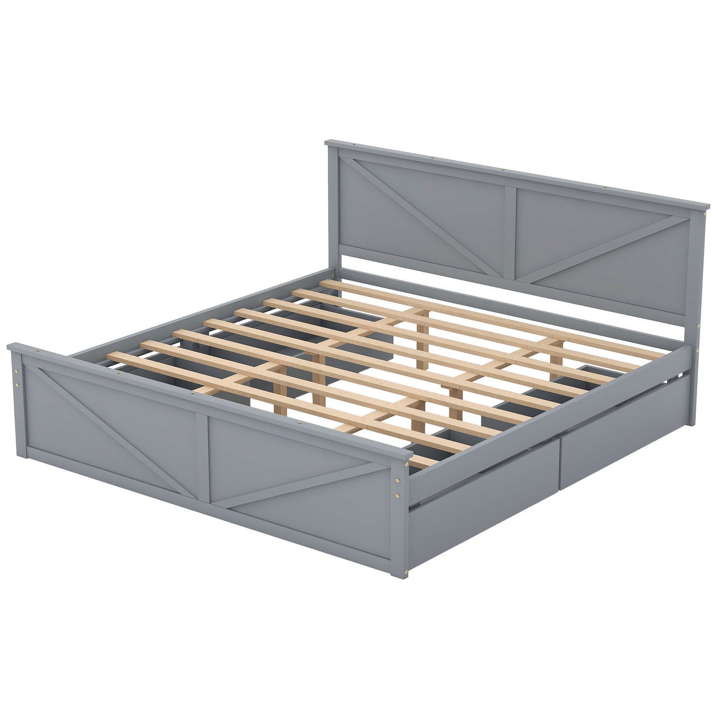 Gray wooden farmhouse bed frame with drawers and slatted base