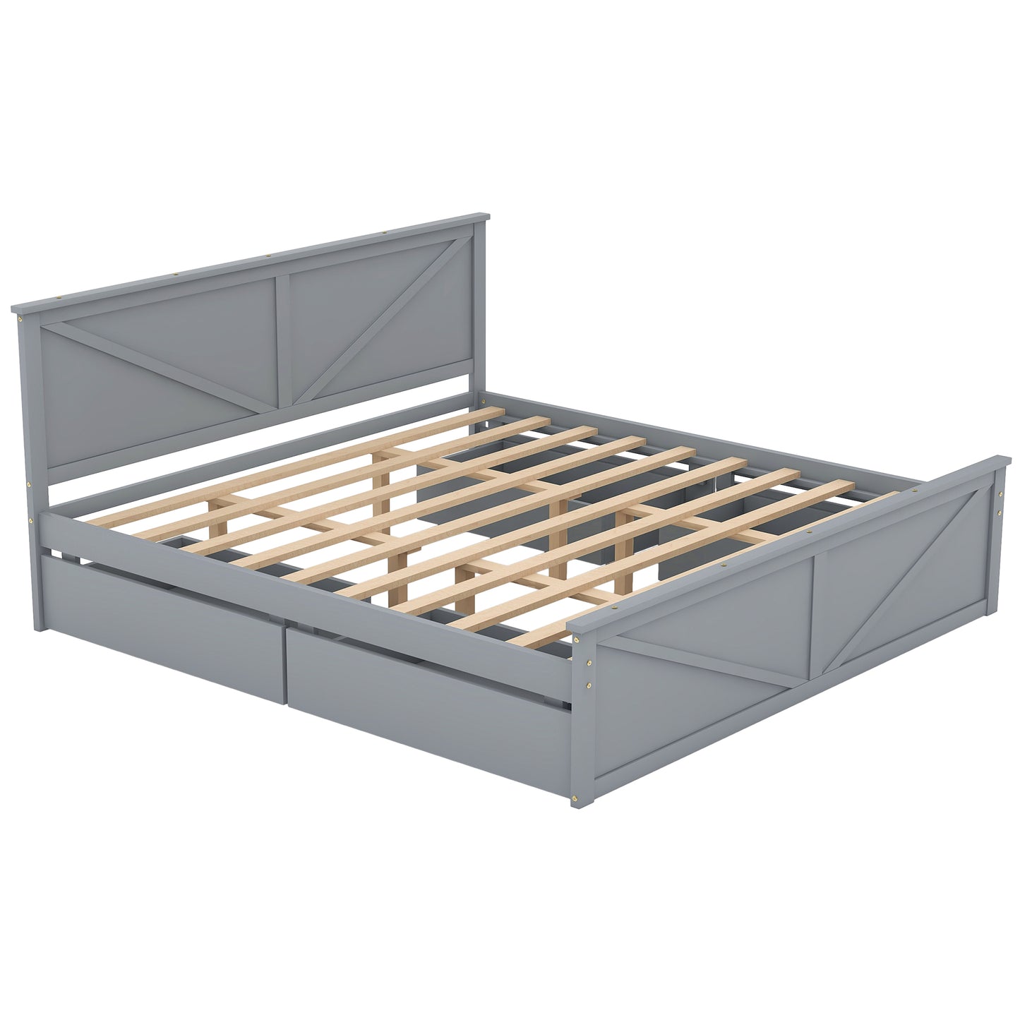 Gray farmhouse bed frame with storage drawers and wooden slats