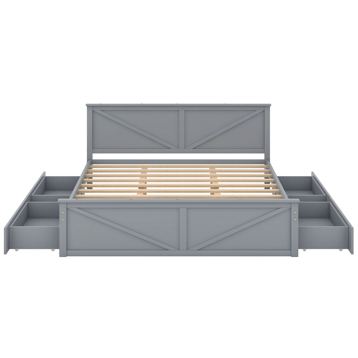 Gray wooden platform bed with four drawers