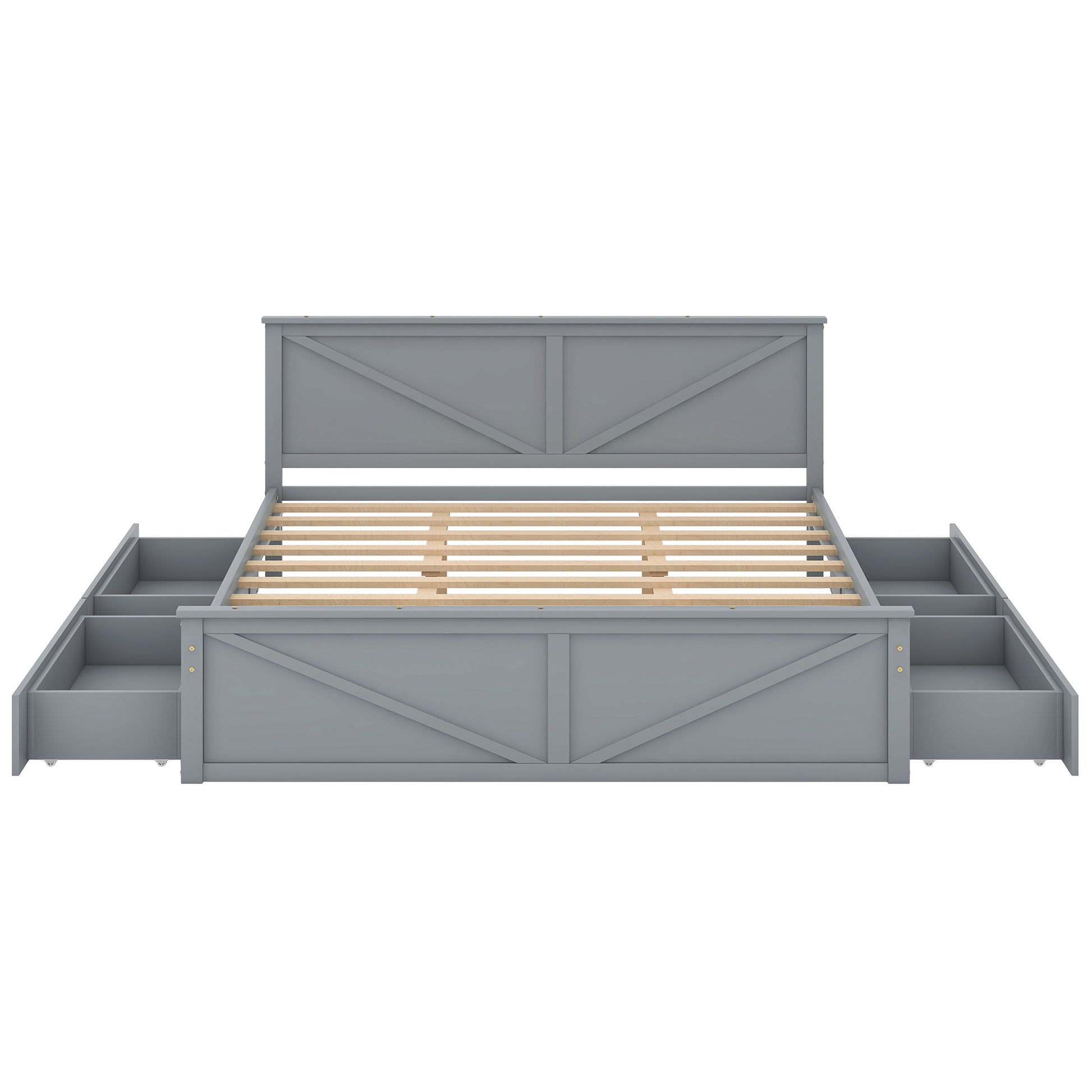 Gray wooden platform bed with four drawers
