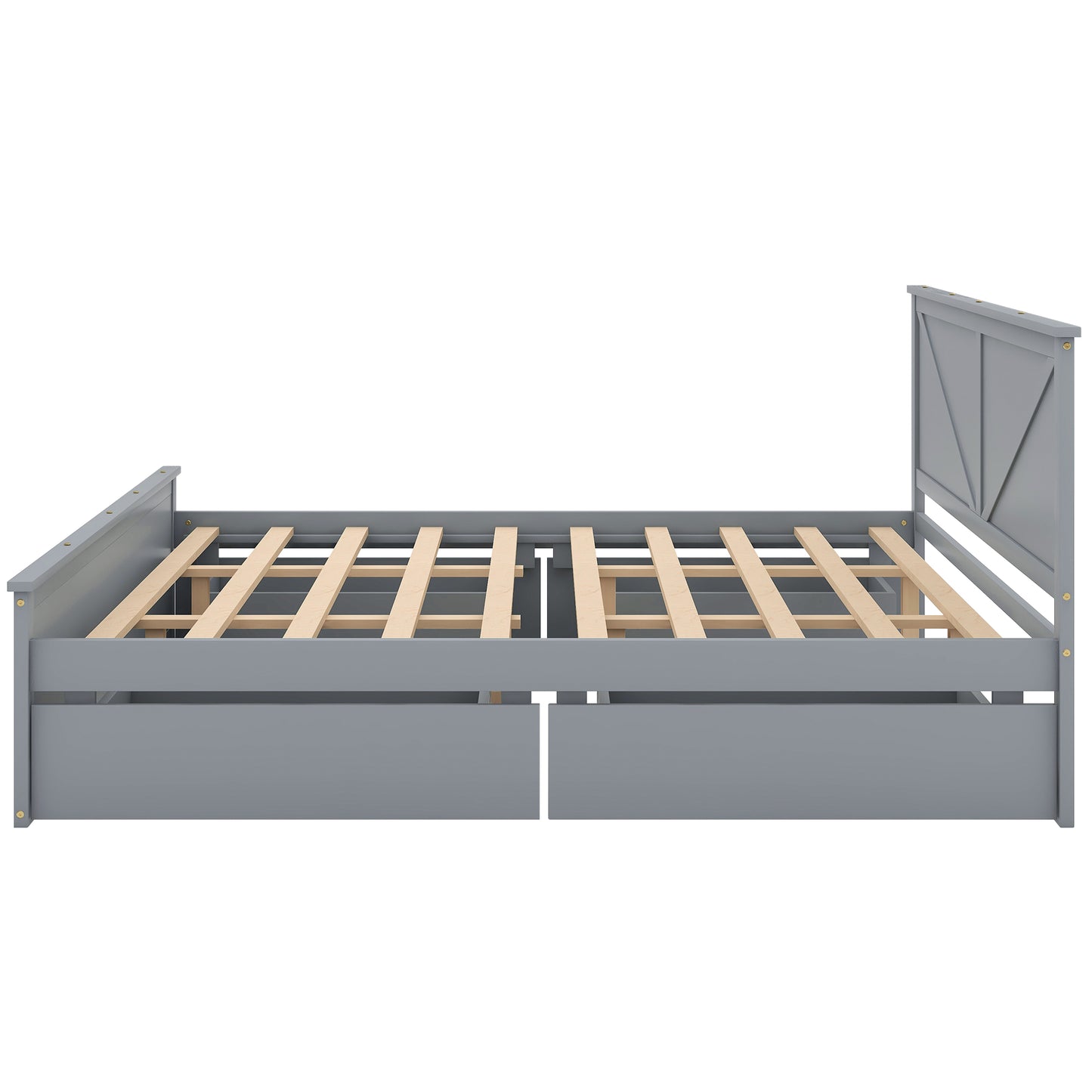 Gray twin bed frame with wooden slats and two builtin storage drawers