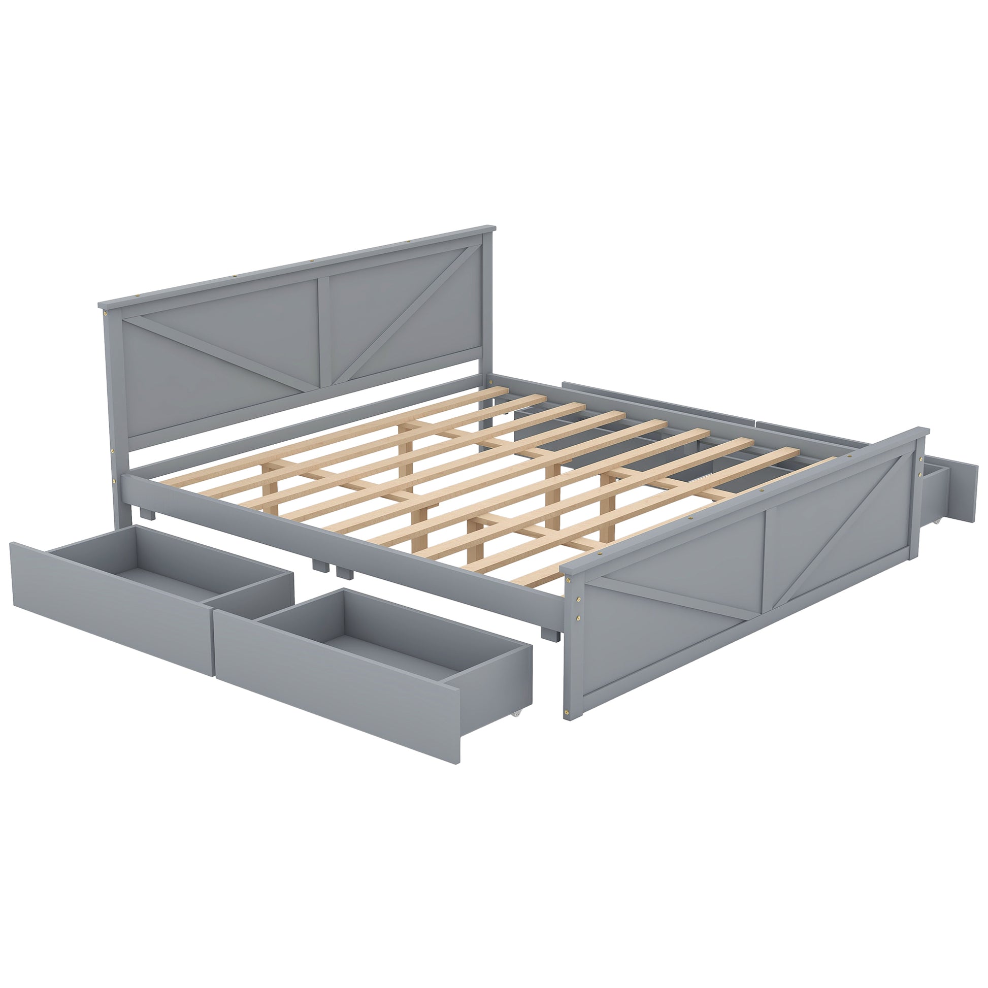 Gray wooden platform bed with Xframe headboard and three storage drawers
