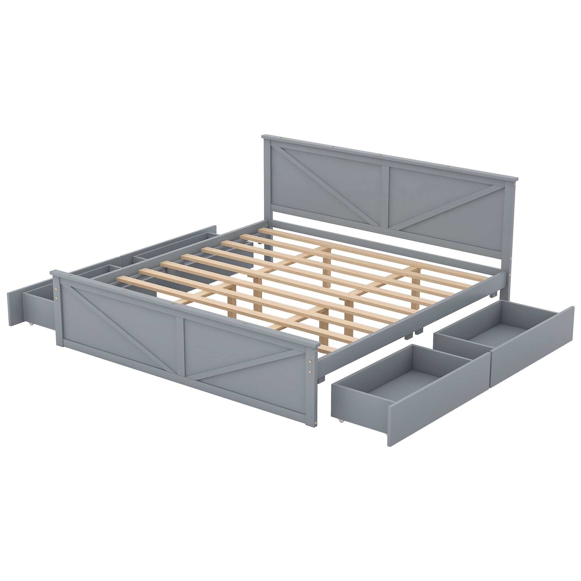 Gray farmhouse bed frame with storage drawers