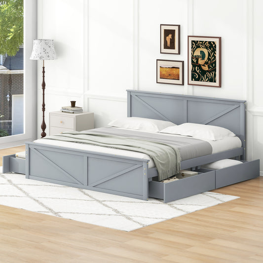 Gray wooden platform bed with storage drawers