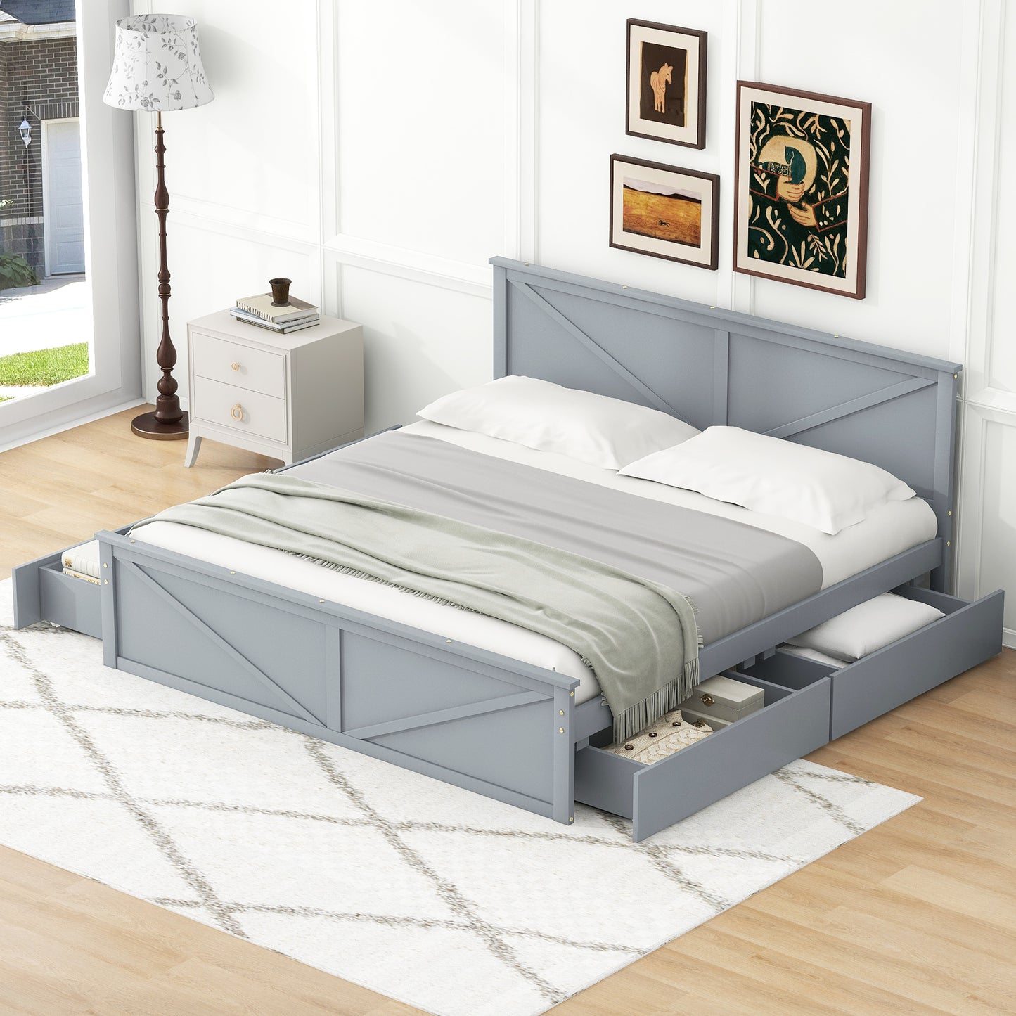 Gray wooden bed frame with storage drawers and crosshatch headboard