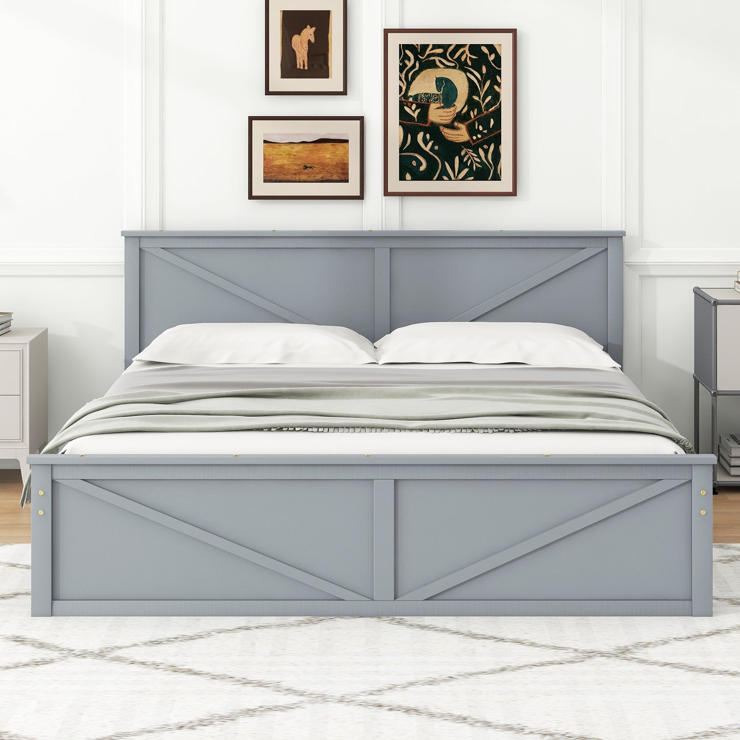 Gray wooden farmhouse bed frame with Xdetail headboard and footboard
