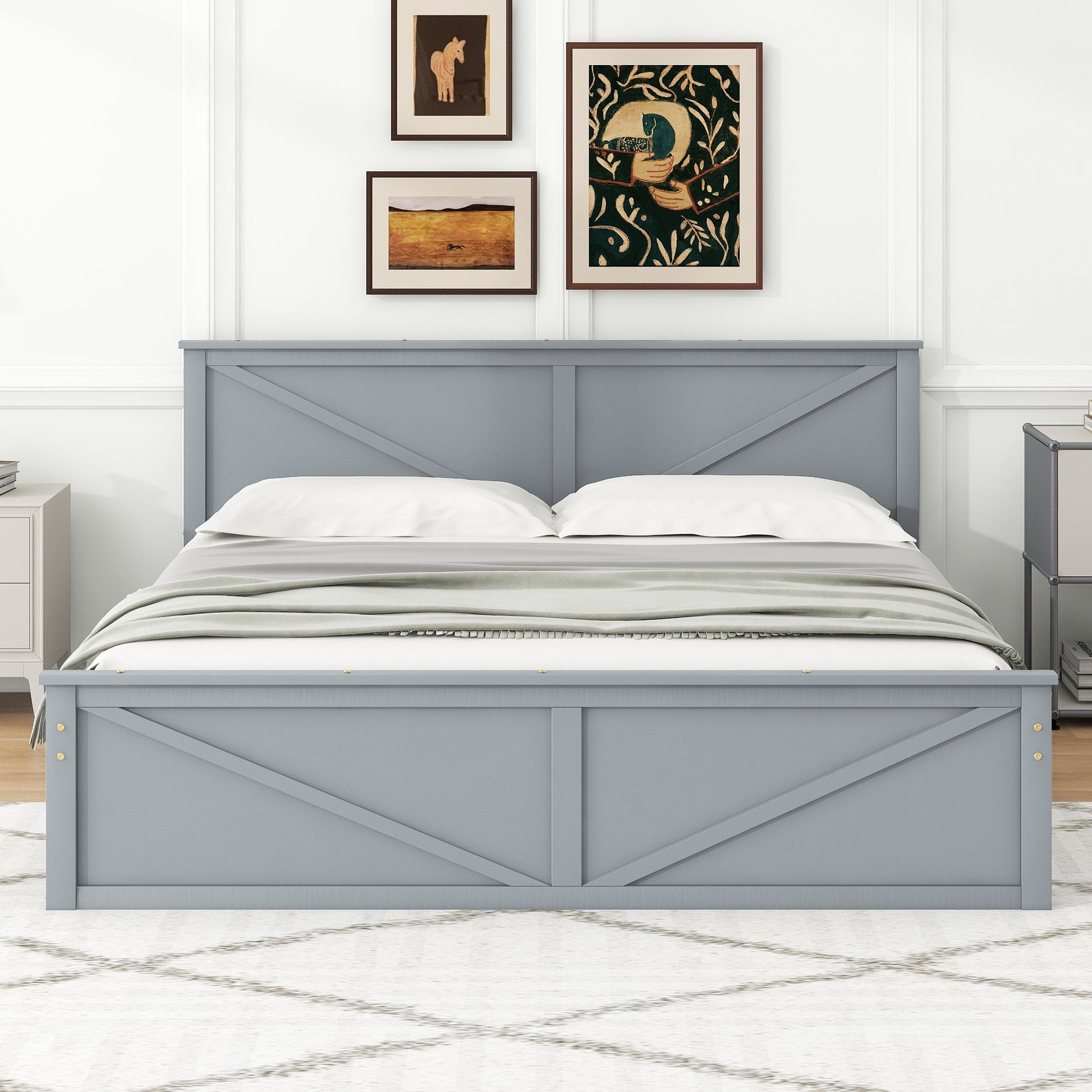Gray wooden farmhouse bed frame with Xdetail headboard and footboard