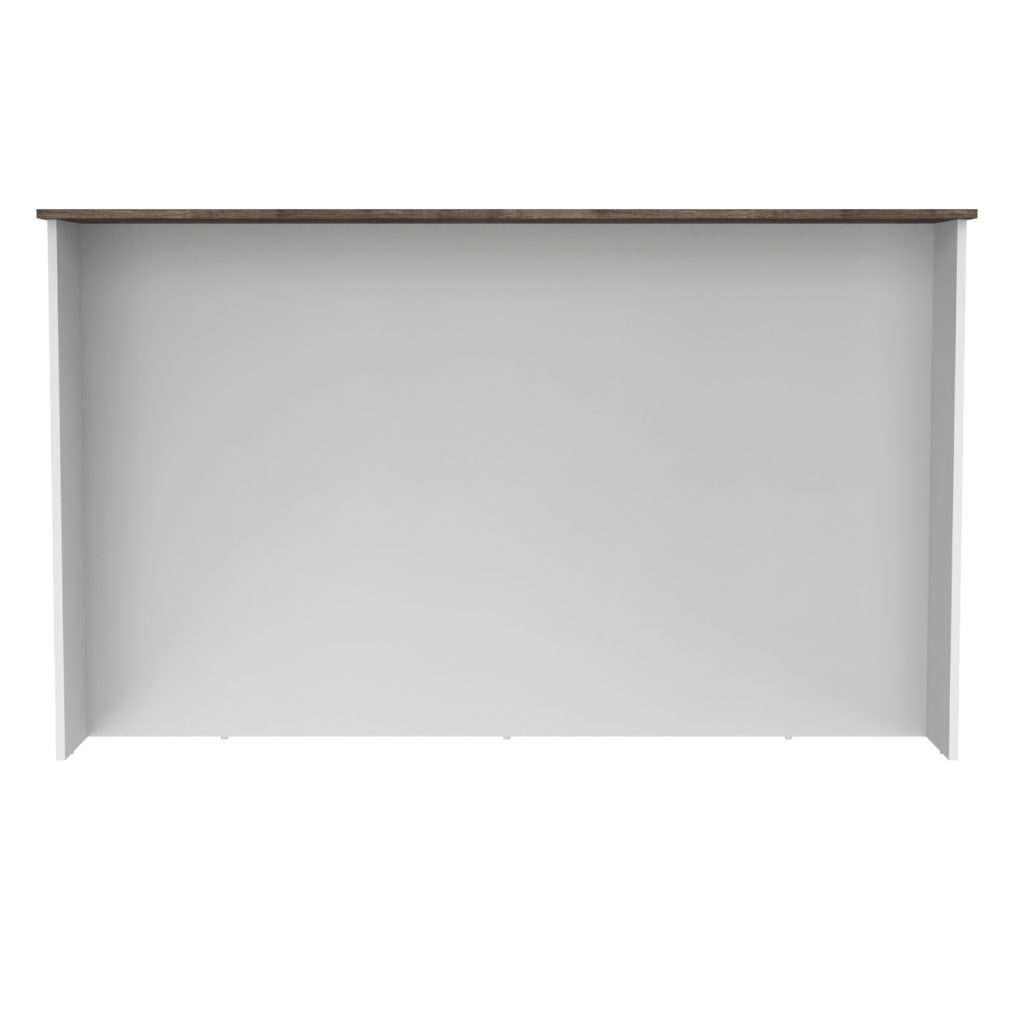Modern white shelving unit with a dark wood top