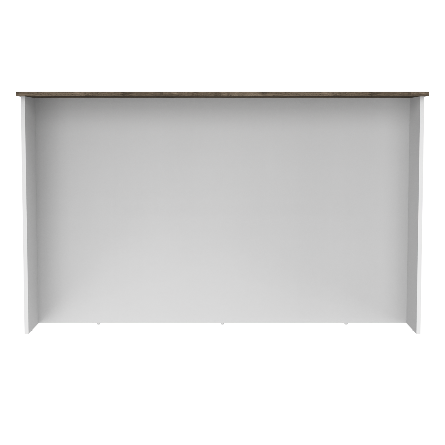 Modern white shelving unit with a dark wood top