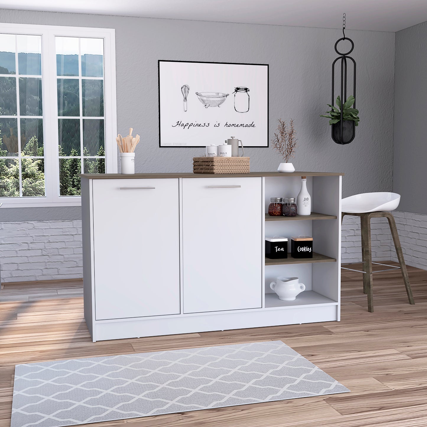 Modern white kitchen island with dark wood countertop and open shelving